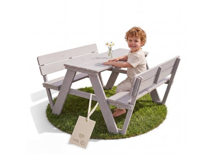 ROBA Table pique-nique enfants  Outdoor +  avec dossiers - Bois massif - Table d'Extérieur - Gris