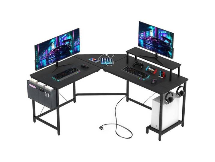 Bureau Gaming Angle Bureau d'angle Gaming avec 2 Prises Electriques et 2 Ports USB 135 * 160 * 75 cm Table Gaming Noir