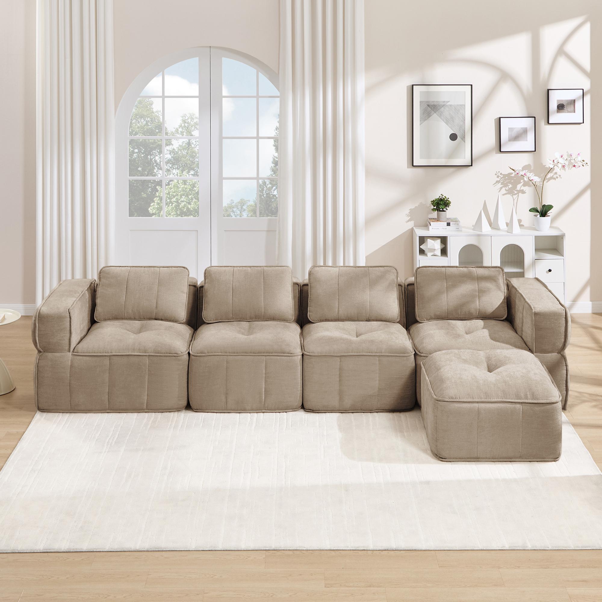 4-Sitzer Modulsofa L-Form mit Hocker Sand, rahmenloses Design aus robustem Polyestergewebe, tiefes Sitzkissen, ohne Montage, 344x162x67 cm