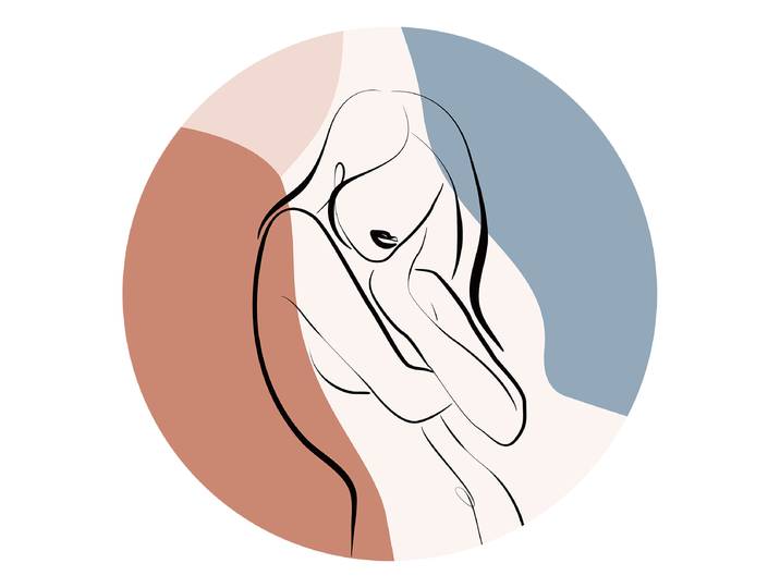 Tableau verre Line Art Woman rond type B Verre flotté Bleu/Beige/Marron Ø 50cm