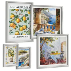 BILDER SET 5er Set - 50x50 cm & 20x30 cm & 40x60 cm Silberner Rahmen - Küchenkräuterpflanzen Beschriftungen