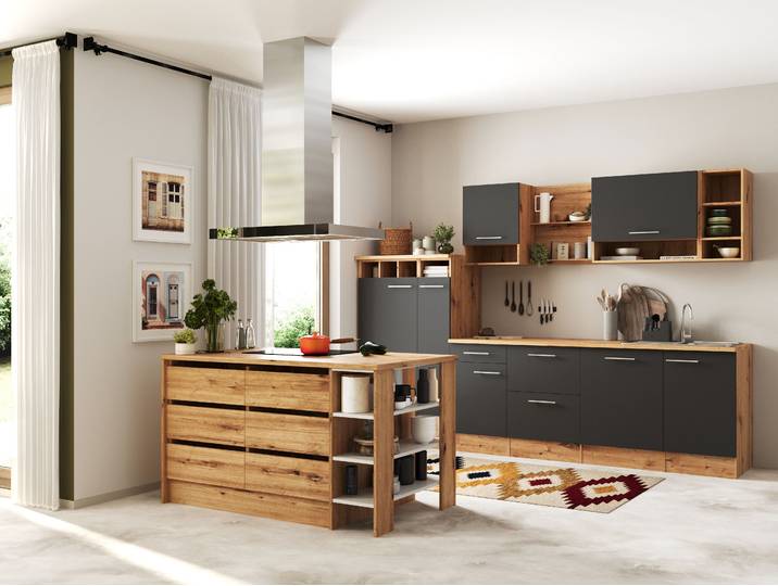 Cuisine îlot Hilde variante A 310cm Gris/Gris