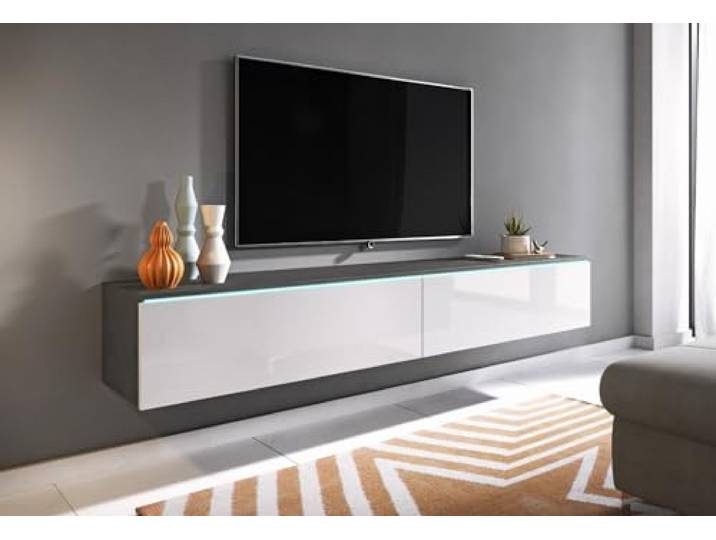 MINIO go for it - TV Schrank Donna Breite 180 cm Lowboard ohne LED Stehend oder Hängend, Fernsehschrank für das Wohnzimmer, Moderner Stil, Matera / Weiss Hochglanz
