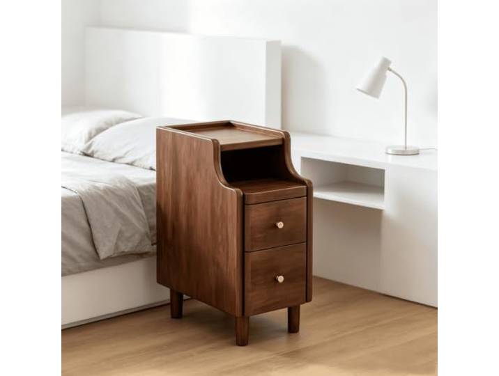Massivholz Nachttisch Schmal, Nachtkonsole mit Ablagefach 2 Schubladen Massivholz Nachttisch mit 2 Schubladen auf Metallschienen und offenem Regalfach.(Walnut,11.81in)