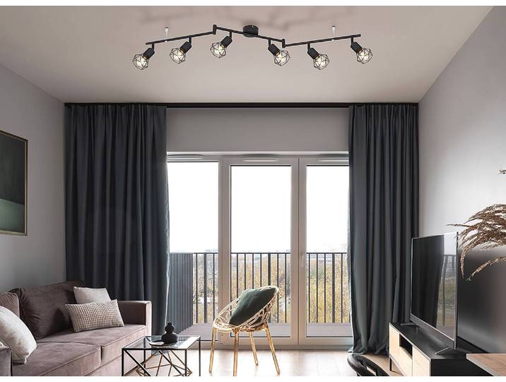 Plafonnier à spots Xara I 8 x 22 x 120cm Noir 6 Métal noir mat, Métal tressé noir mat LED E14