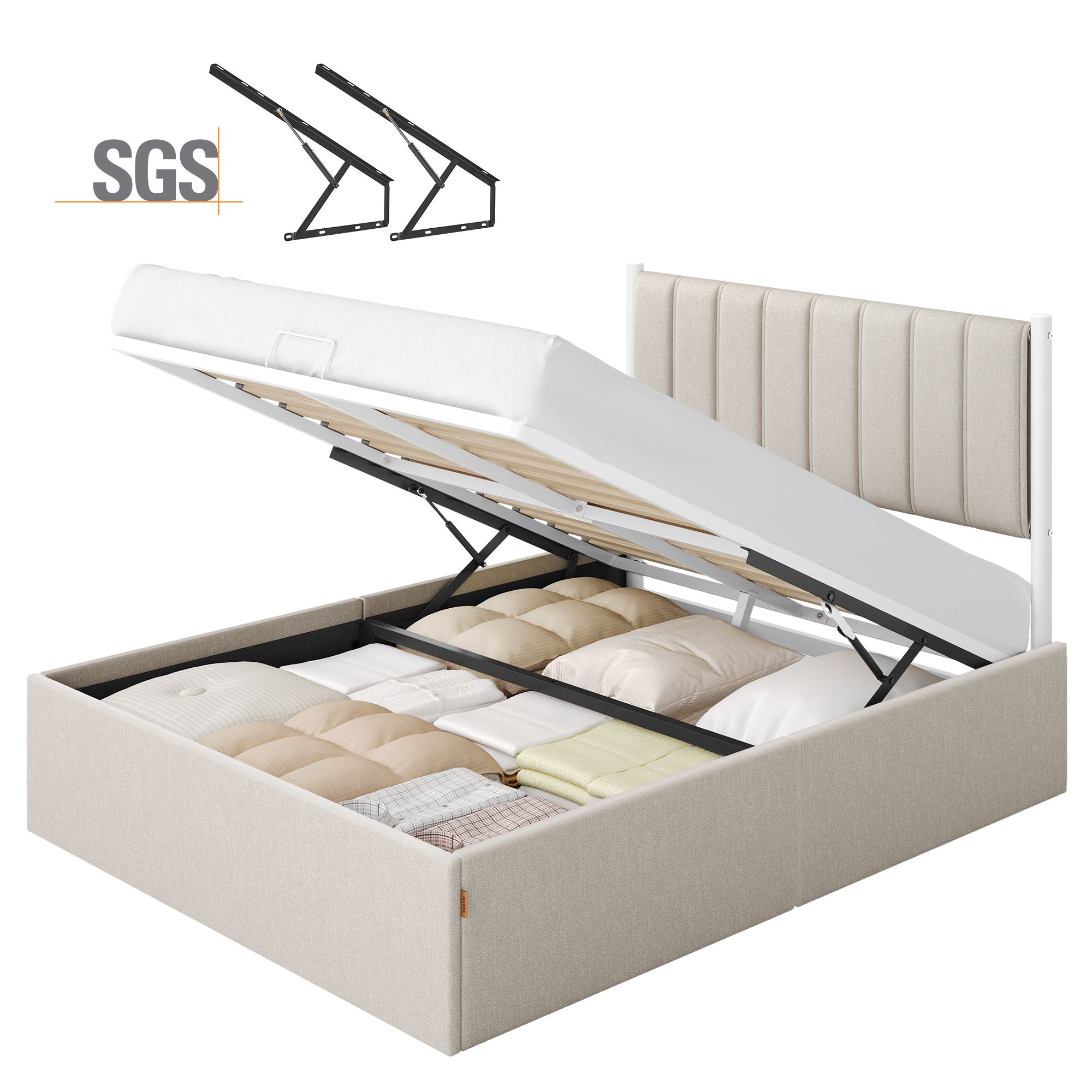 VASAGLE Bettgestell 140 x 200 cm mit Unterbettaufbewahrung Kopfteil cappuccinobeige RMB614LH01