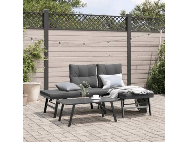 HEFZGDB 3-TLG. Garten-Sitzgruppe mit Kissen Schwarz Stahl, Outdoor-Sofagarnitur mit verstellbaren Seitenteilen und robuster Tischplatte, wetterfeste Polsterauflage für Terrasse