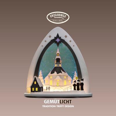 Lichterbogen WEIGLA "LED Seiffener Kirche,Lichterspitze aus Holz&Acrylglas, Made in Germany", grau (grau, blau), H:53cm T:9cm, Holzwerkstoff, Schwibbögen, Erzgebirge garantiert, Weihnachtsdeko Innen, Weihnachtsbeleuchtung