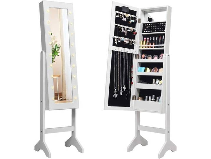 Armoire à Bijoux sur Pied GIANTEX - Miroir Plein Longueur & Lumières LED - Verrouillable Blanc