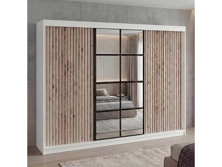 A&J MöbelLand Schwebetürenschrank NORIVO Kleiderschrank 200 cm mit Spiegel & Holzlamellen