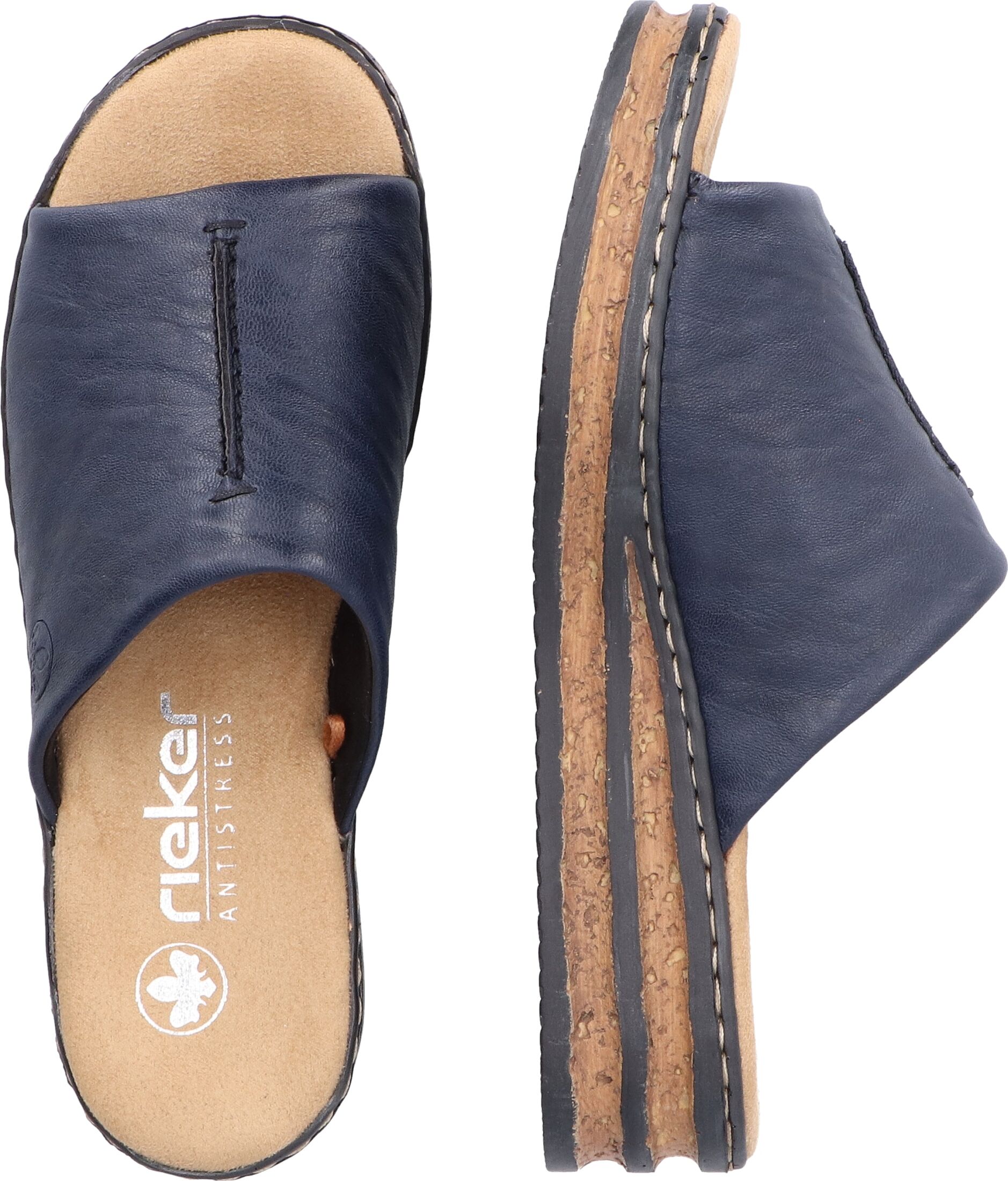 Pantolette RIEKER, Damen, Gr. 39, Textil, blau (dunkelblau), Lederimitat, unifarben, Schuhe Pantolette, Keilabsatz, Sommerschuh, modische Keilsohle dunkelblau 39, Textil