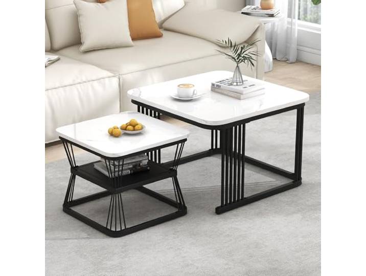 YuQozii 2er-Set Moderne Beistelltische, MDF in Marmoroptik, Stahlrohr weiß hochglänzend schwarz, 2 Tische mit den Maßen 65x65x45 cm und 45x45x39,5 cm