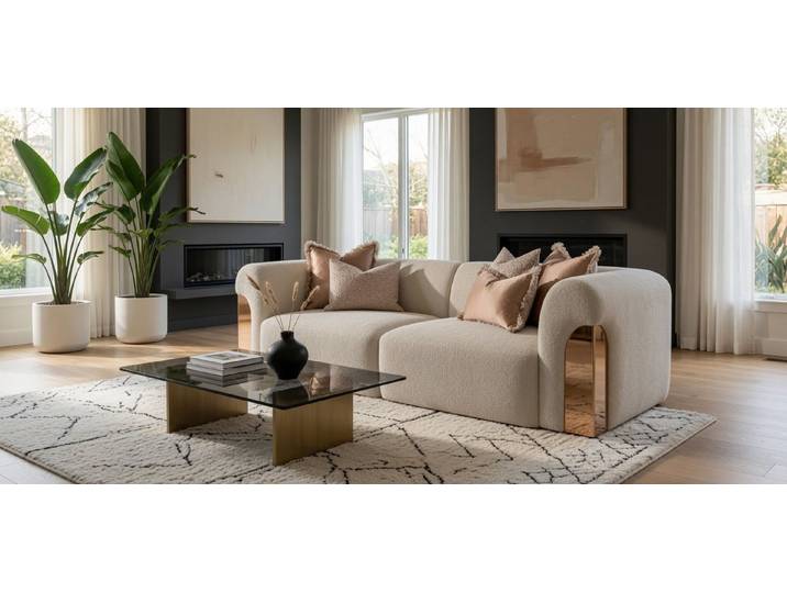 JVmoebel Wohnlandschaft Luxus 3 Sitzer Couch Beige Boucle Metallakzente, 1 Teile, Made in Europa