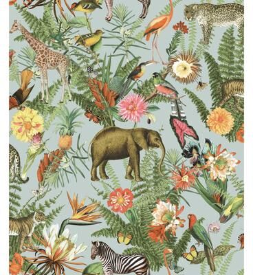 RoomMates Green Tropical Zoo Peel and Stick Wallpaper