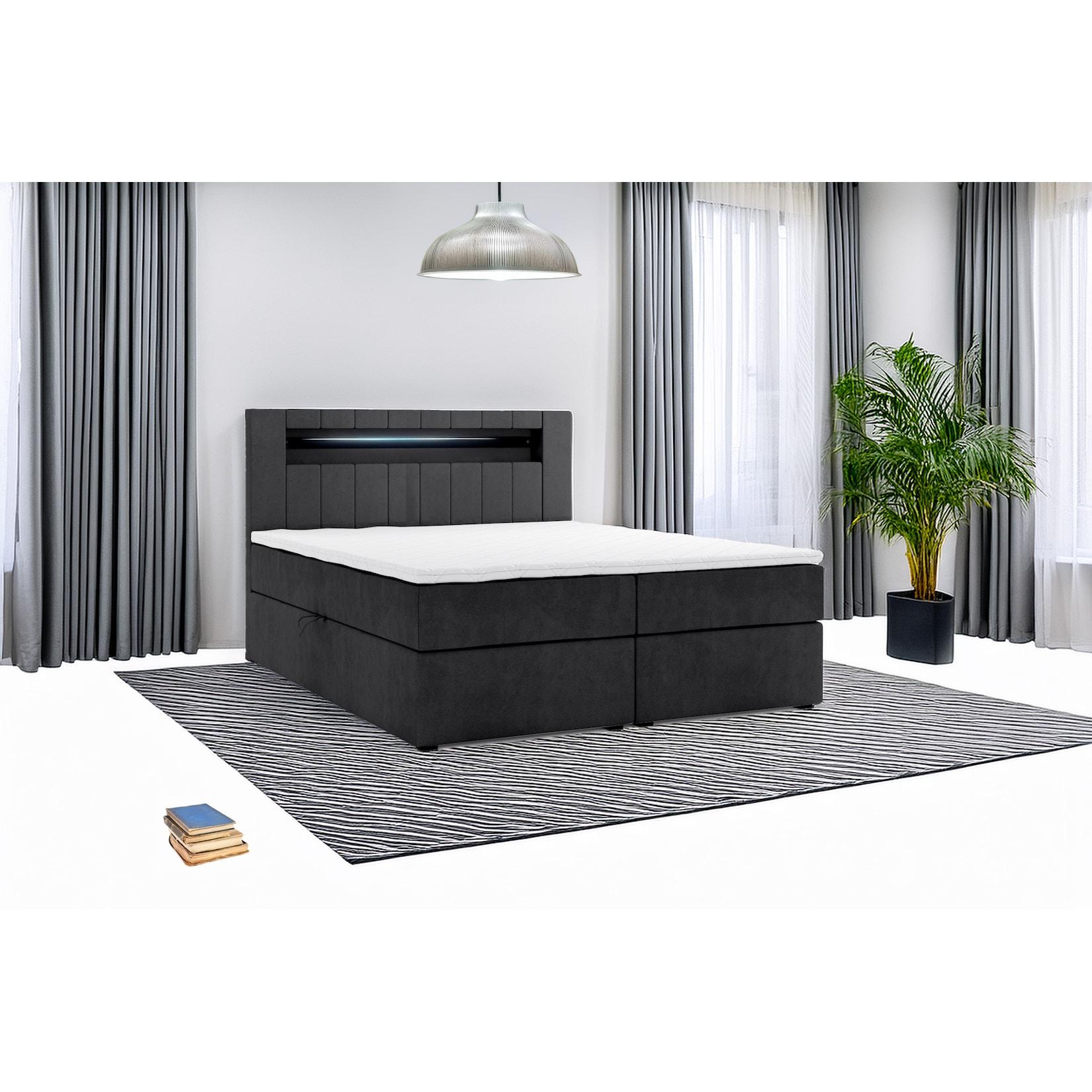 M-Punkt Boxspringbett KUBA mit Bettkasten Visco Topper LED 160 x 200 cm WebstoffSCHWARZ Bett Bettkasten Topper