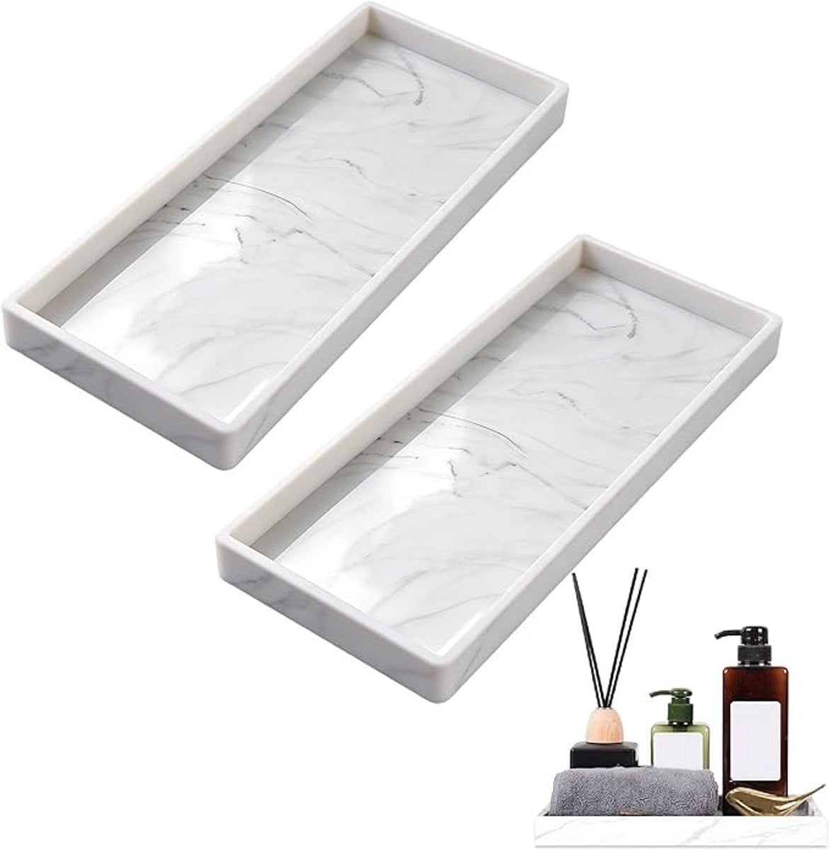 Set van 2 siliconen opbergschalen voor badkamer en keuken - Wit marmer design