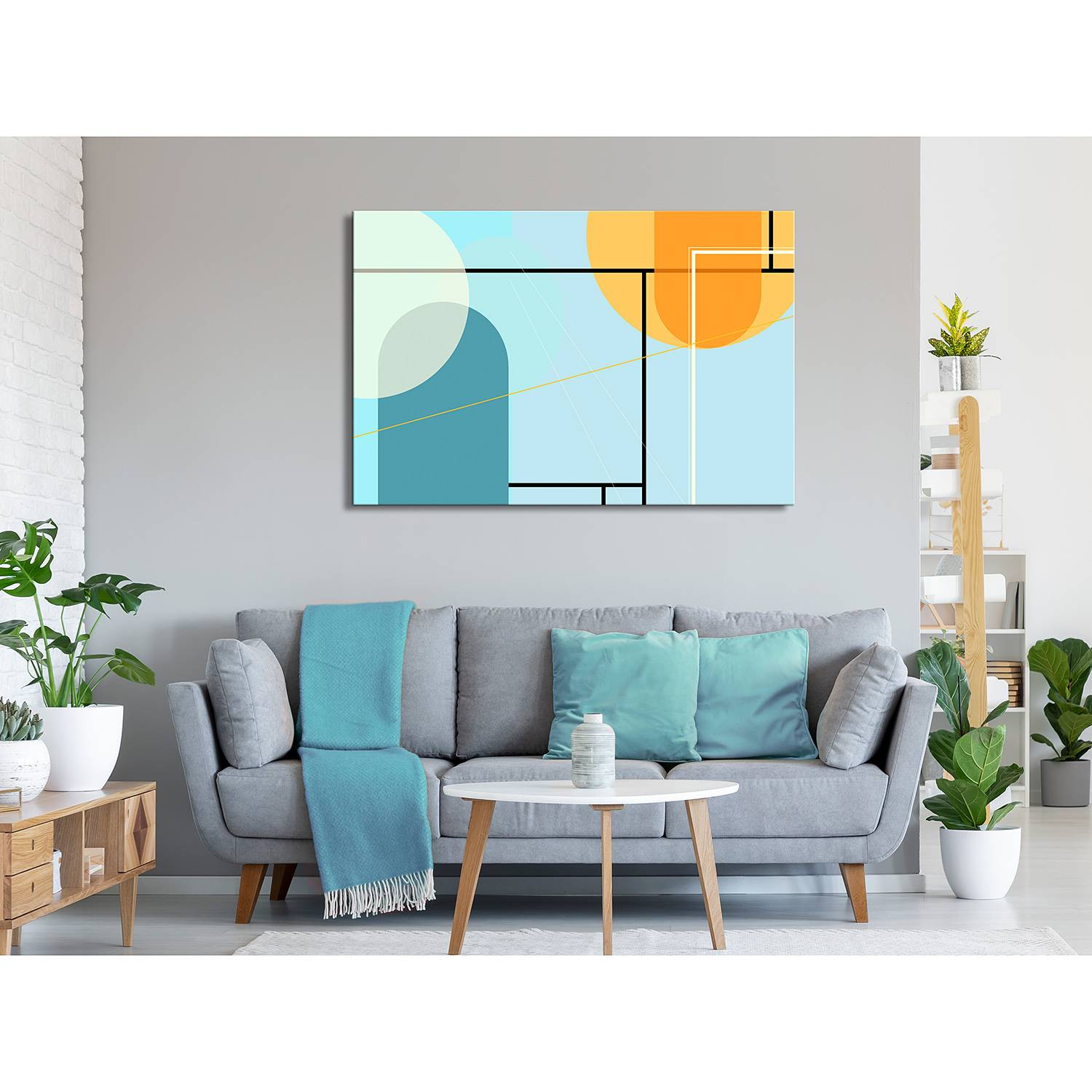 home24 Arranged Ocean abstract canvas wandecoratie linnen blauw, Breedte: 90 cm, Hoogte: 60 cm