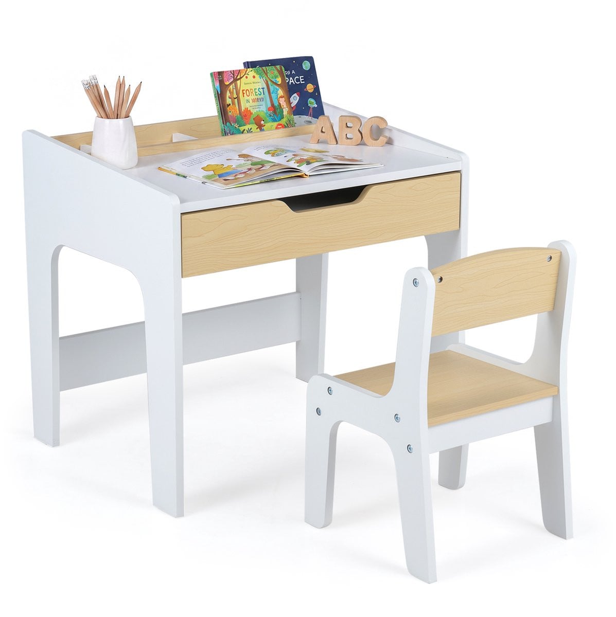 COSTWAY Kinderschrijftafelset met stoel van hout, Natuur