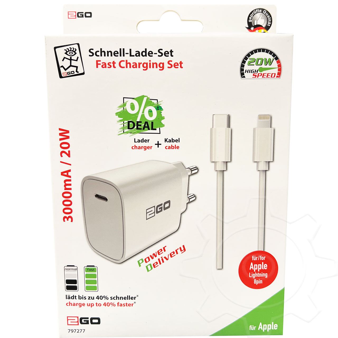 2GO Netz-Ladeset Power Delivery weiß Lightning 1x USB Type C