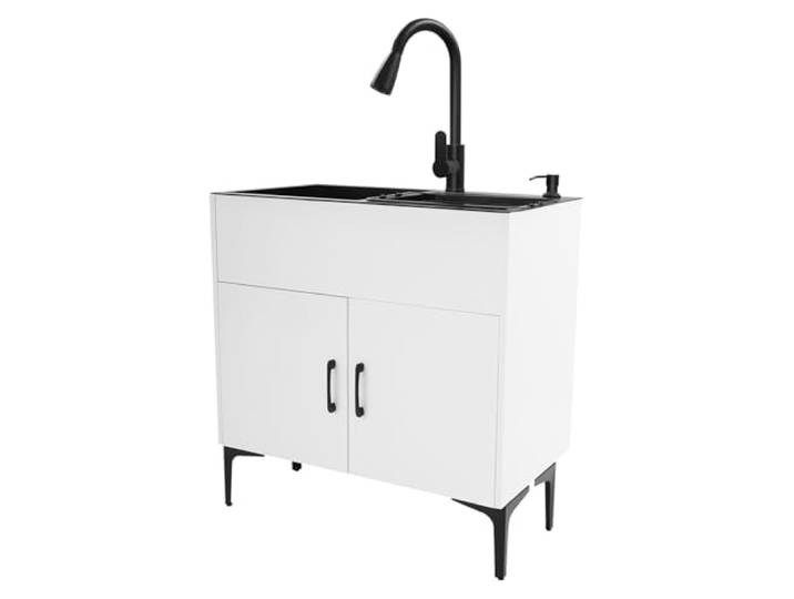 Bepritm Edelstahl-Waschspüle mit Schrank, freistehende Mehrzweck-Küchenspüle, Doppelschüssel und ausziehbarer Wasserhahn, robuste Mehrzweckwanne für Badezimmer, Waschküche (weiß)