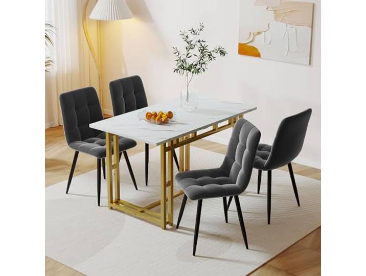 KUAKE 120x70cm Esstisch mit 4 Stühlen Set,Moderne Küche Esstisch Set, Gold Eisen Beintisch (Dunkelgrau Esszimmerstühle)