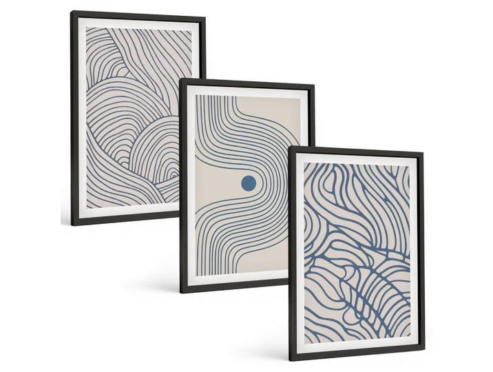 Tulup Bilder SET 3er Set - 40x60 cm Schwarzer Rahmen - Abstrakte Linien, Wellenformen, Kunststoff, Rechteckig, 40x60 cm, gerahmt, Bilder & Rahmen, Bilder