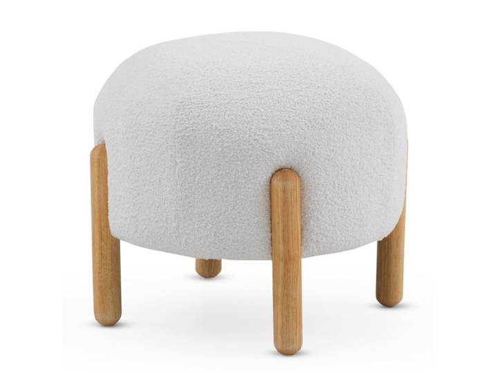 Pouf tapissé en boucle blanche avec structure et pieds en pin naturel
