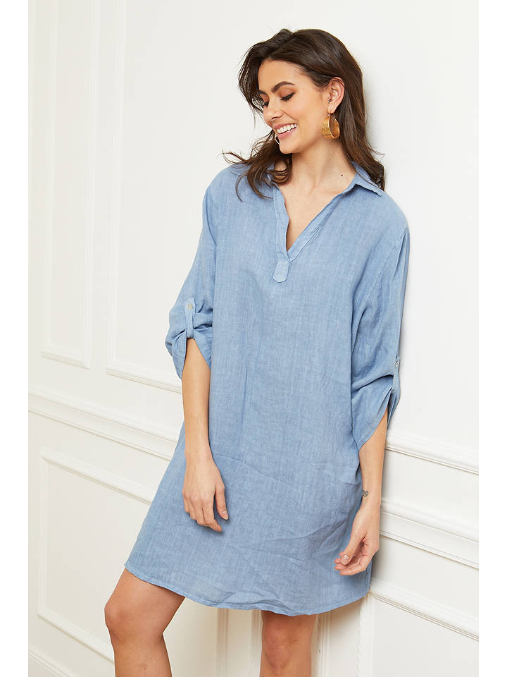 Fleur de Lin Leinen-Kleid "Basta" in Blau - XXL