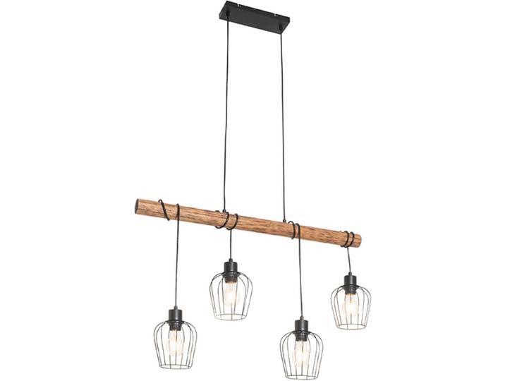 QAZQA stronk - Landelijke Hanglamp eettafel - 4 lichts - L 80 cm - Zwart - Woonkamer Slaapkamer Keuken