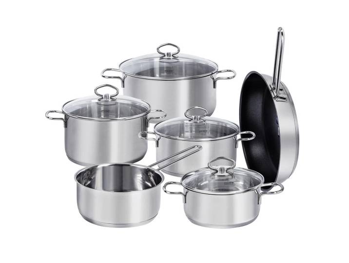 Kopf Topfset Merkur aus Edelstahl, Induktion, Literskala, Schüttrand, Edelstahlfarben, Metall, Rund, geschmacksneutral, Kochgeschirr, Töpfe, Topfsets