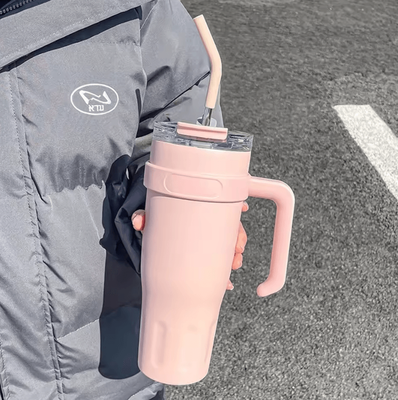 Uplift Curations 38oz Stainless Steel Insulated Tumbler With Handle & Straw Large Capacity Vacuum Travel Cup pink