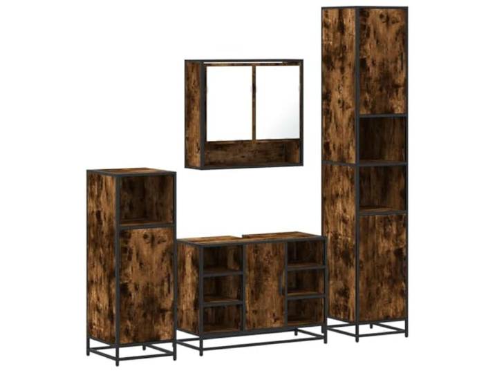 4-tlg. Badmöbel-Set Räuchereiche Holzwerkstoff Metallgestell Lowboard, Waschbeckenunterschrank Stauraum, Spiegelschrank Wandmontage, Holzwerkstoff Oberfläche