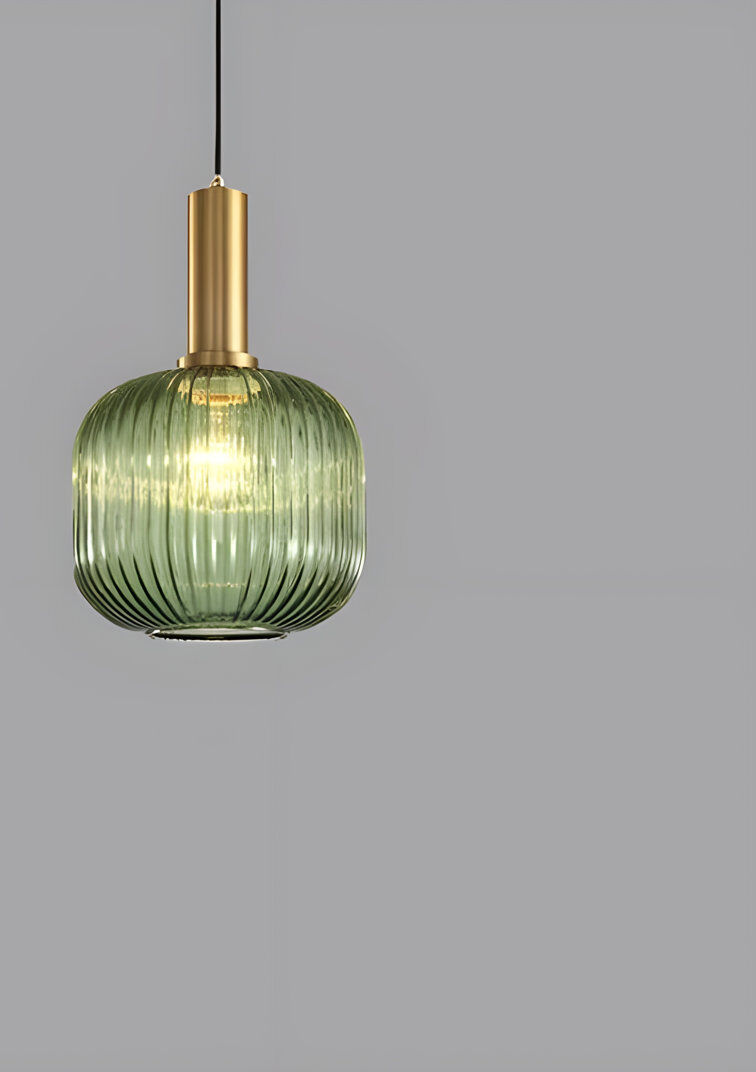 MOSSODOR 1 - Modern Gold Copper Chandelier Pendant Light – Ribbed Glass Jar Shade, LED Ceiling Light Fixture with E27 Socket Green