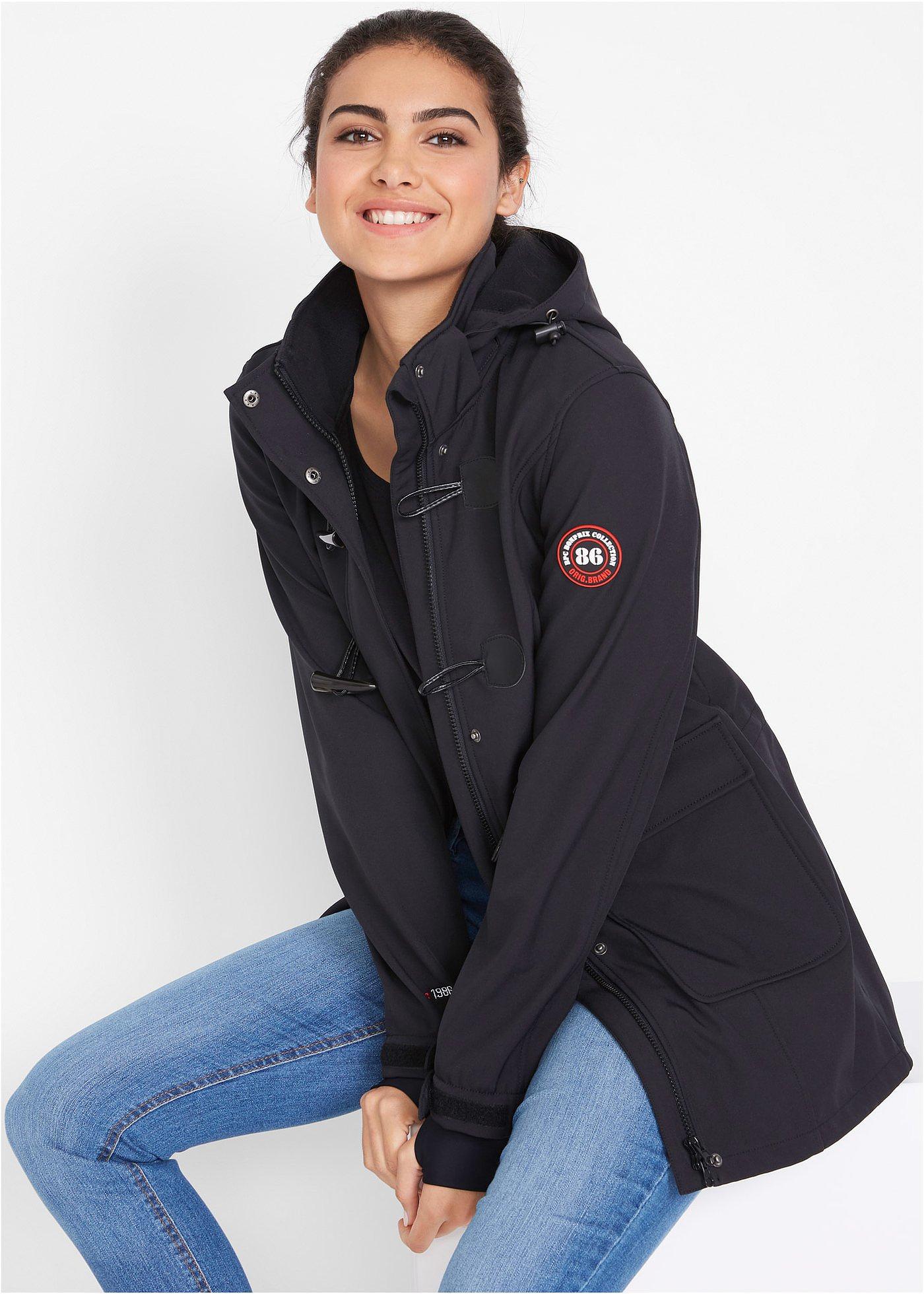 bonprix wasserabweisende Duffle-Jacke aus Softshell, schwarz, Gr.44, Bequeme Übergangsjacke aus wasserdichtem Softshell-Material mit Kapuze, aus Softshell