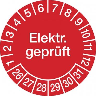 König Werbeanlagen Prüfplakette ab 26, Elektr. geprüft ab 26, rot/weiß, Ø 20/30 mm - Bogen = 10 Plaketten - 30 mm Folie selbstklebend