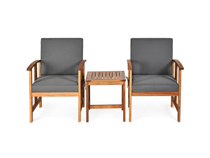 GOPLUS Ensemble de 3 Pièces Table et Chaises de Jardin Table avec Plateau à Lattes et 2 Fauteuils avec Coussins Confortables Gris