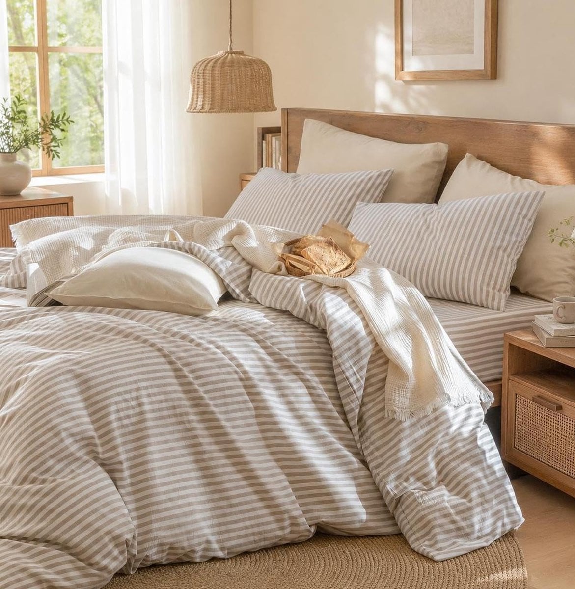 SnelShoppen Beddengoedset Gestreept Beige Wit in 100% Renforcé Katoen, 200 x 200 cm