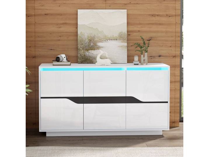 Buffet Bas - TRUXEN8 - 140x40x70cm - 3 Portes - LED - Blanc+Noir
