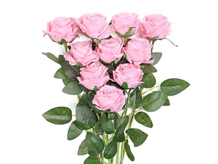JUSTOYOU 10 stuks rozen kunstzijden bloemen boeket thuis kantoor bruiloftsarrangementen (lichtroze)