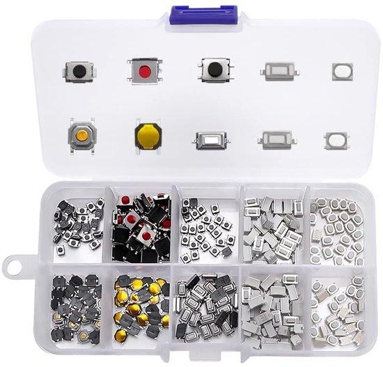 Assortiment kit van 250 tactiele drukknopen met 10 verschillende waarden en plastic opbergdoos in multicolor