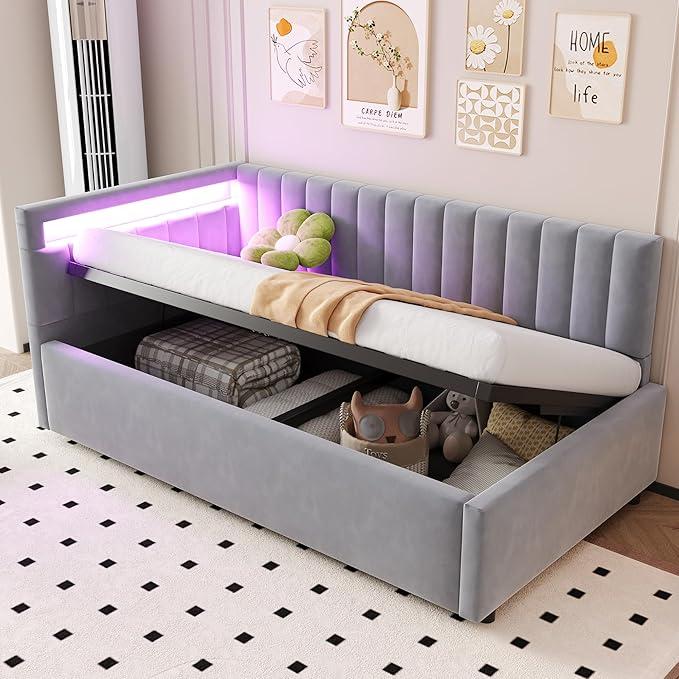 Schlafsofa Kinderbett 90x200 mit LED Kopfteil, Samt, Hellgrau