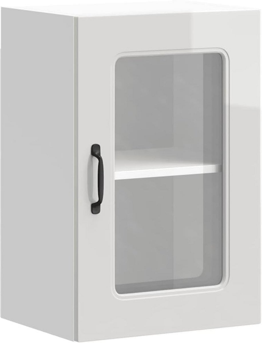 Hoogglans witte keukenkast met glazen deuren en mdf afwerking