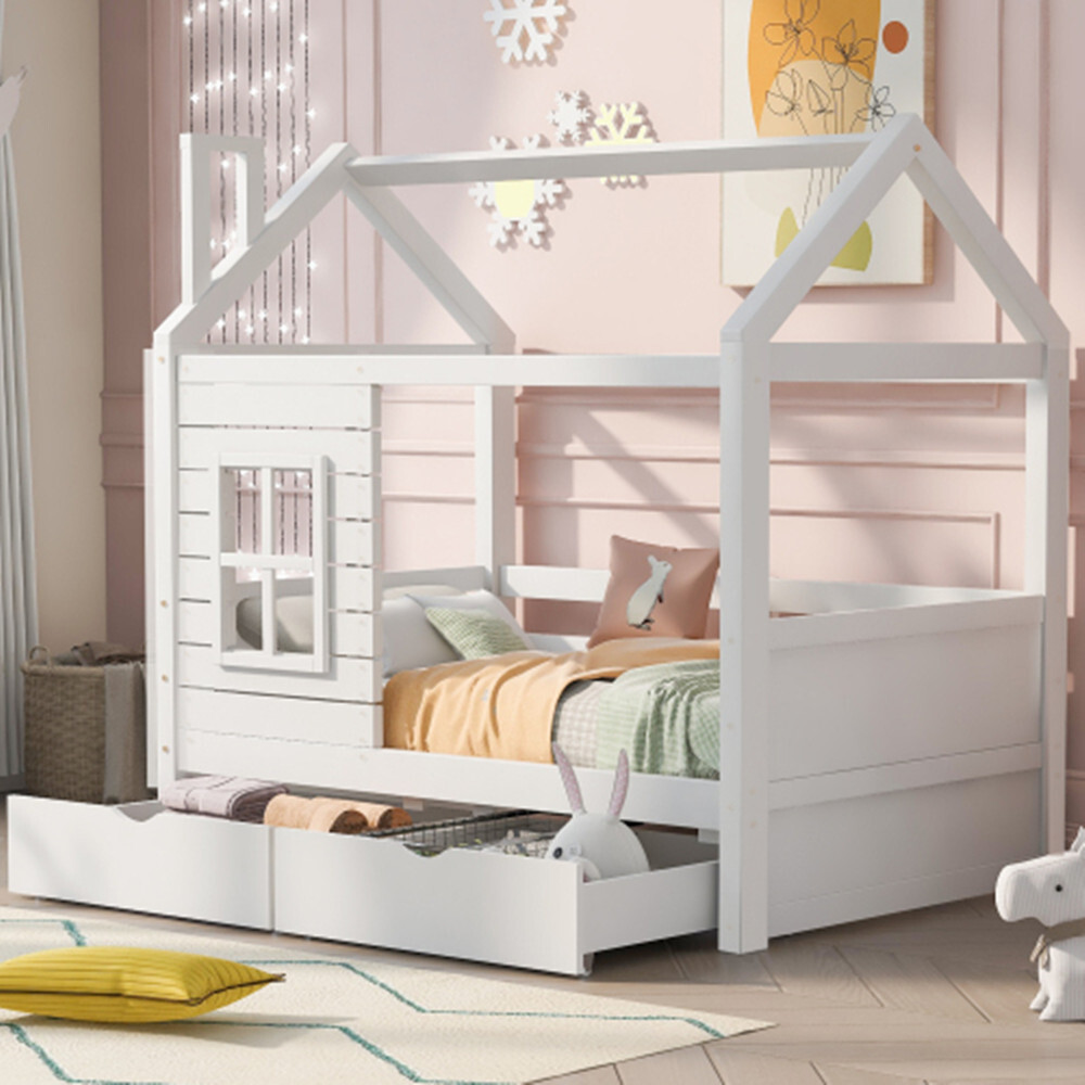 Hausbett Kinderbett Jugendbett mit vielseitiges Holz Kinderbett, Massivholz Kinder Bett mit Fenster und Lattenrost, 80*160cm