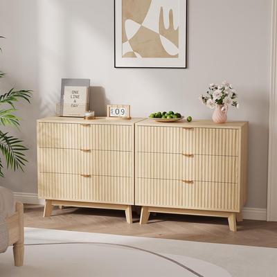 Garvee 3 Drawer Dresser Set of 2, Mid Century Modern Dresser Drawers, Waveform Fluted Side Table
