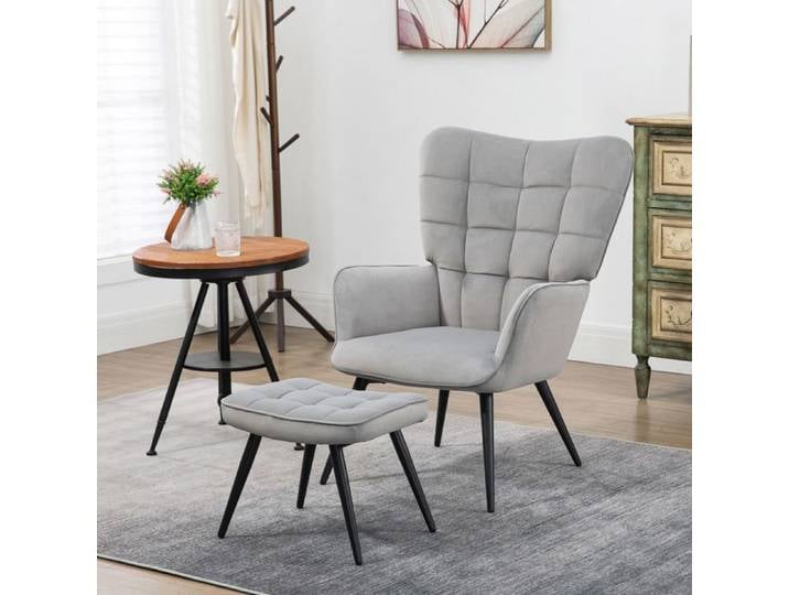 Fauteuil lounge - WESTYLE - HOMCOM - avec repose-pieds - velours gris clair - capacité 120 kg