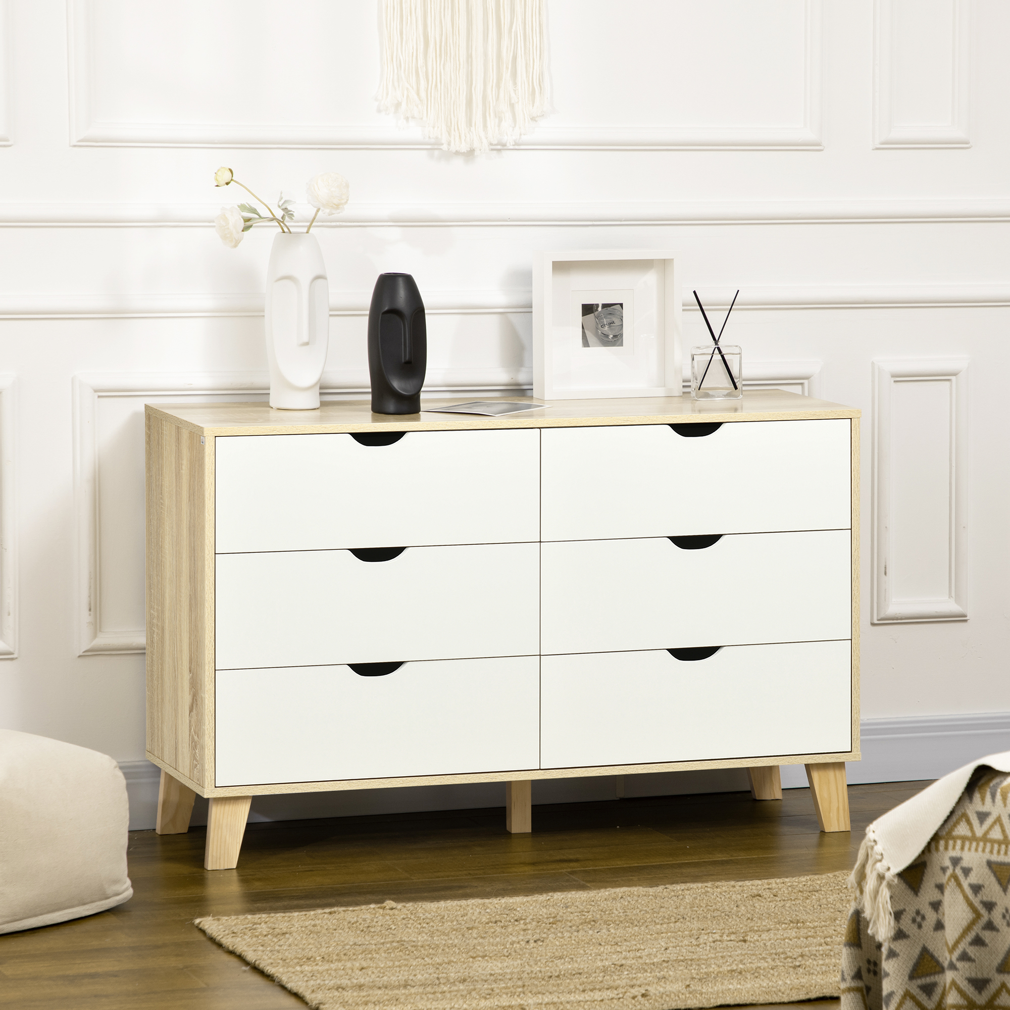 Homcom Cassettiera Moderno 6 Cassetti in Legno con Maniglie Intagliate, 120x40x76 cm, Bianco e Rovere  Aosom Italy