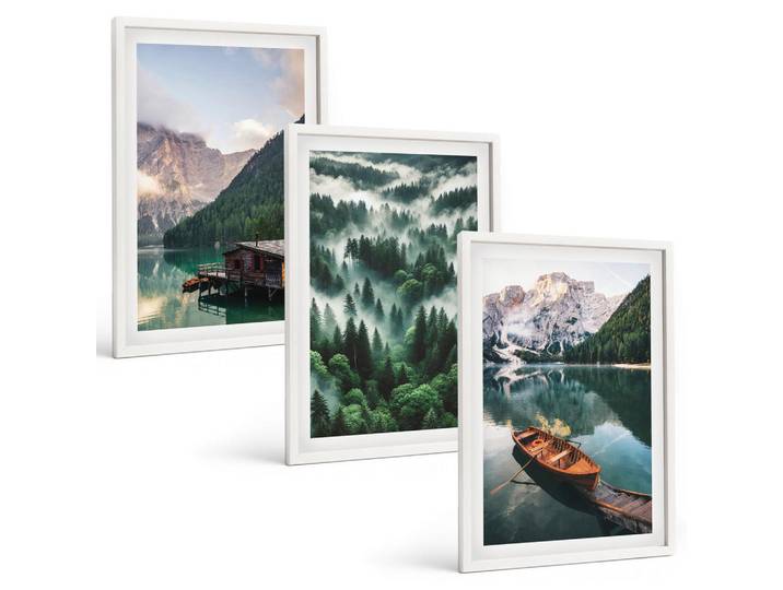 Tulup Bilder SET 3er Set - 40x60 cm Weißer Rahmen - Bergsee, Boot, Waldnebel, Kunststoff, Rechteckig, 40x60 cm, gerahmt, Bilder & Rahmen, Bilder