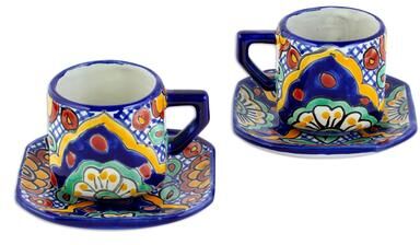 Novica Handmade Hidalgo Fiesta Ceramic Cups And Saucers (Set For 2)