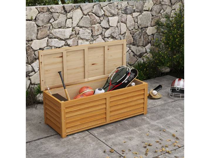 Coffre de rangement extérieur jardin 176L en bois avec poignée dim. 130L x 50l x 45H cm