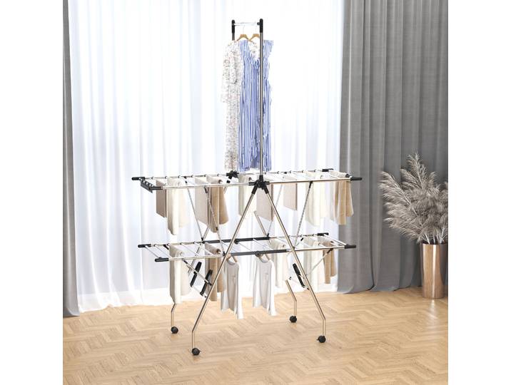 HOMCOM Séchoir Linge Pliable Inox Roulettes Grand Espace Noir